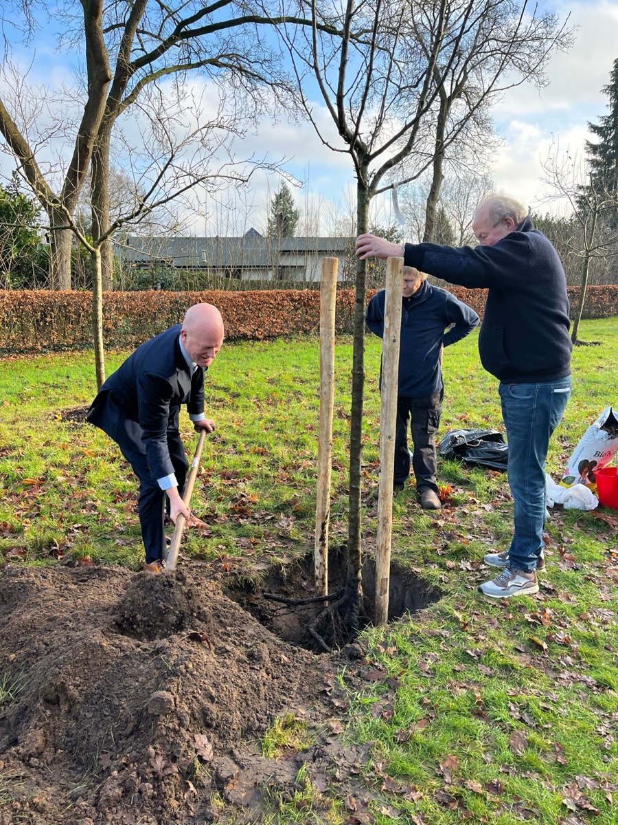 Wethouder Marcel van Opzeeland plant de appelboom Glorie van Holland